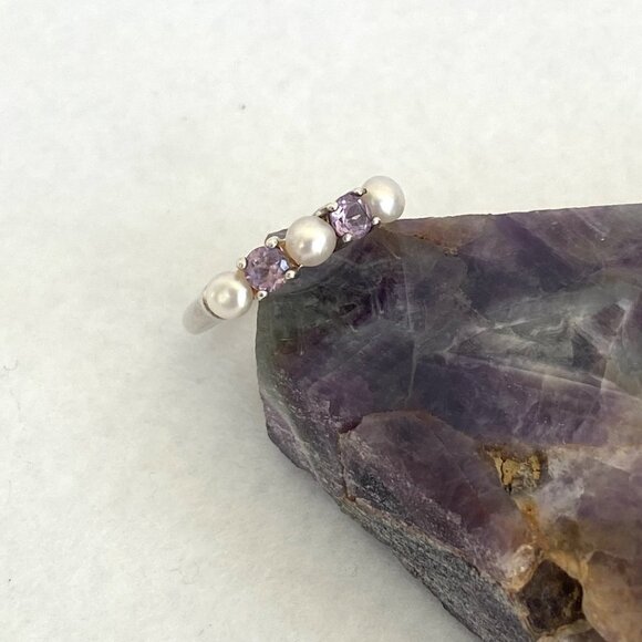 Sterling Silver 925 Multi Gemstone Round Amethyst Genuine Pearl Band Ring Sz 7 - Picture 7 of 16
